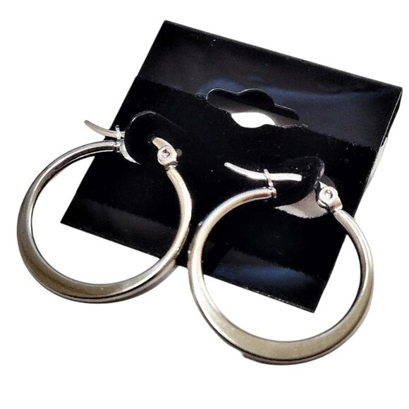 1 Inch 25mm Wide Bottom Hoop Pierced Post Earrings Polished Silver Tone - Picture 1 of 3